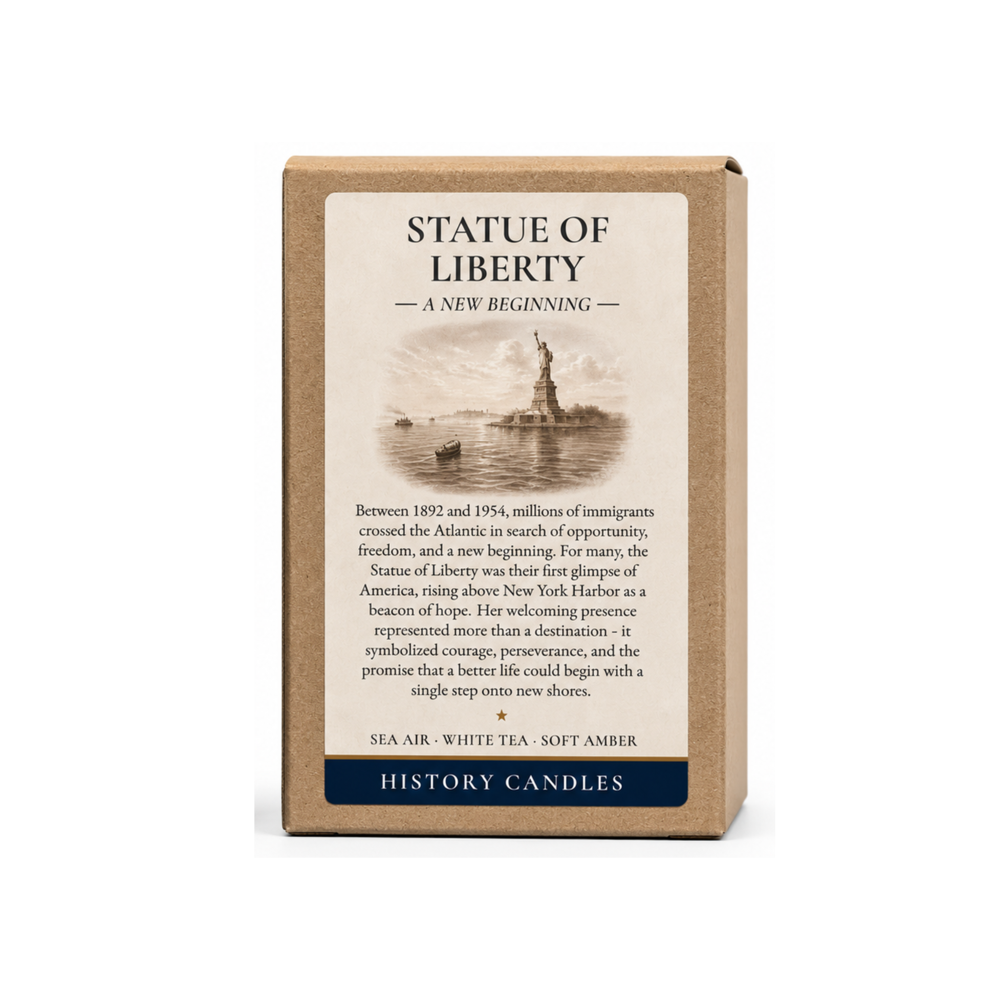 Premium Statue of Liberty candle gift box featuring Lady Liberty, New York Harbor, a passing ship, and a distant skyline.