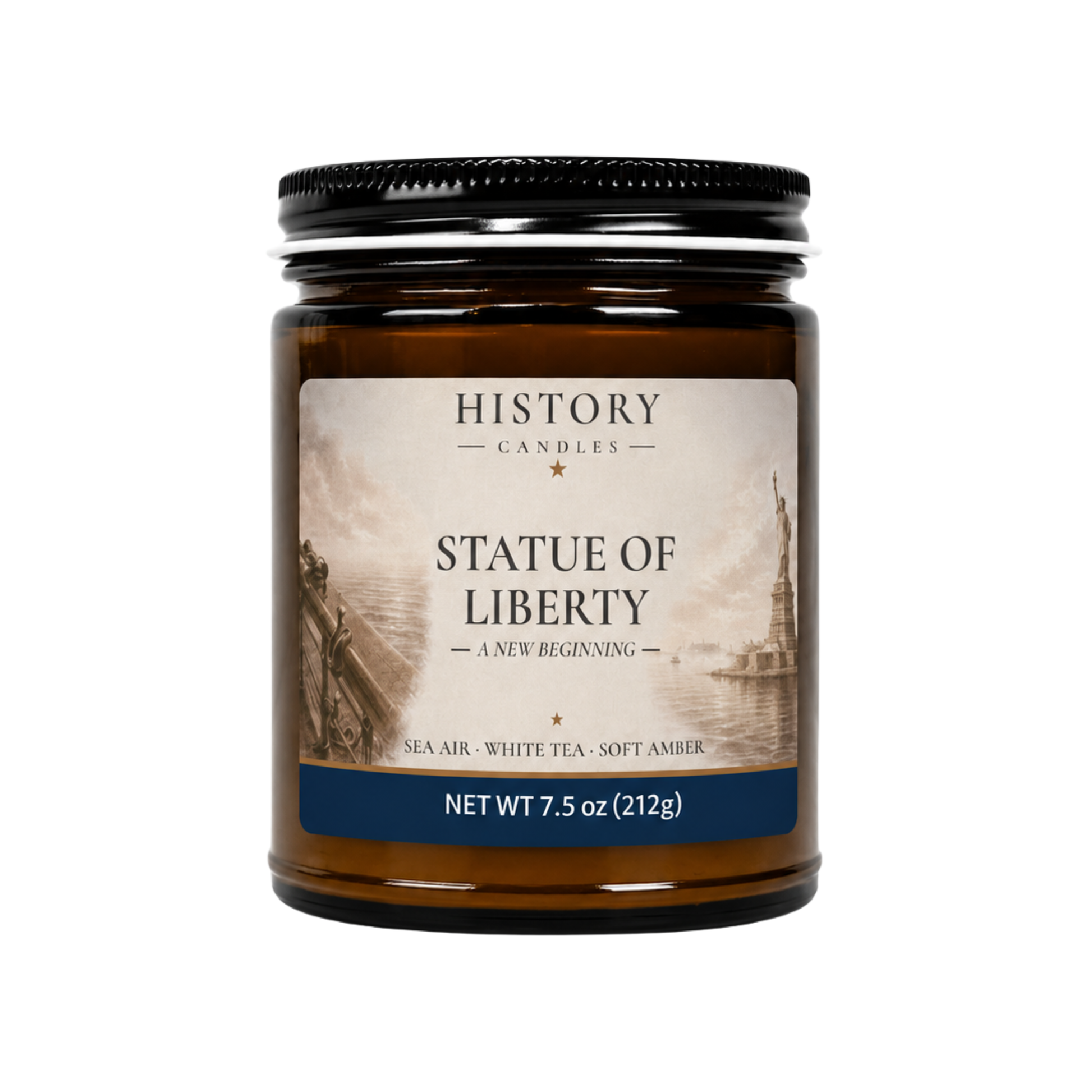 Statue of Liberty History Candle in an amber glass jar with black lid, featuring original harbor artwork and Sea Air, White Tea & Soft Amber fragrance.
