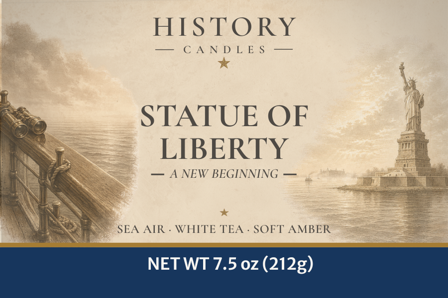 Close-up of the Statue of Liberty candle label featuring Lady Liberty, harbor imagery, and the subtitle A New Beginning. 