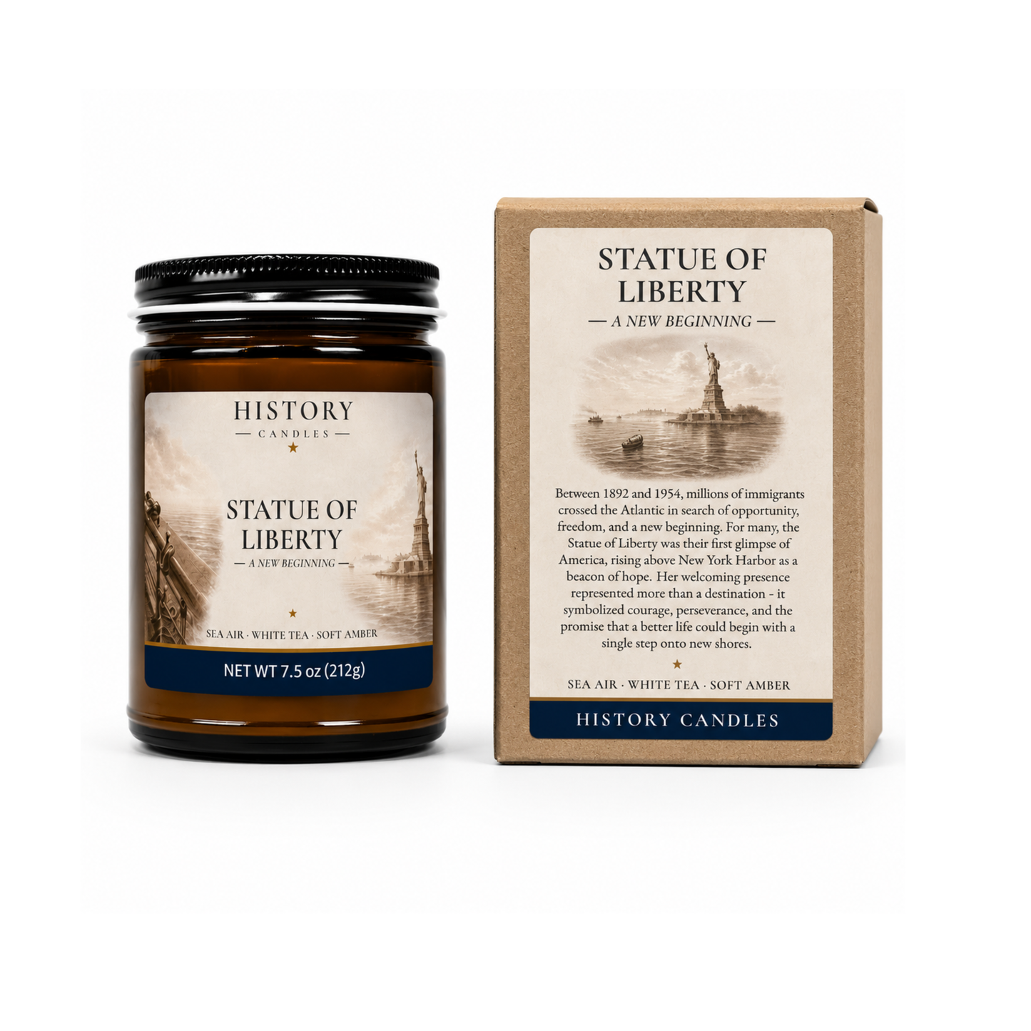 Statue of Liberty candle displayed beside its coordinating premium gift box with original historical artwork.