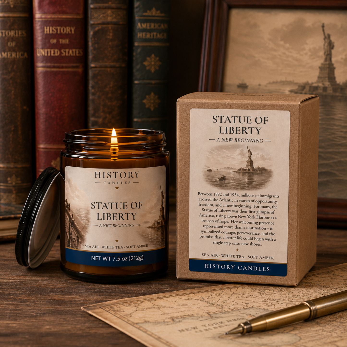 Lit Statue of Liberty candle styled in an elegant historical setting inspired by New York Harbor and America's immigration story.