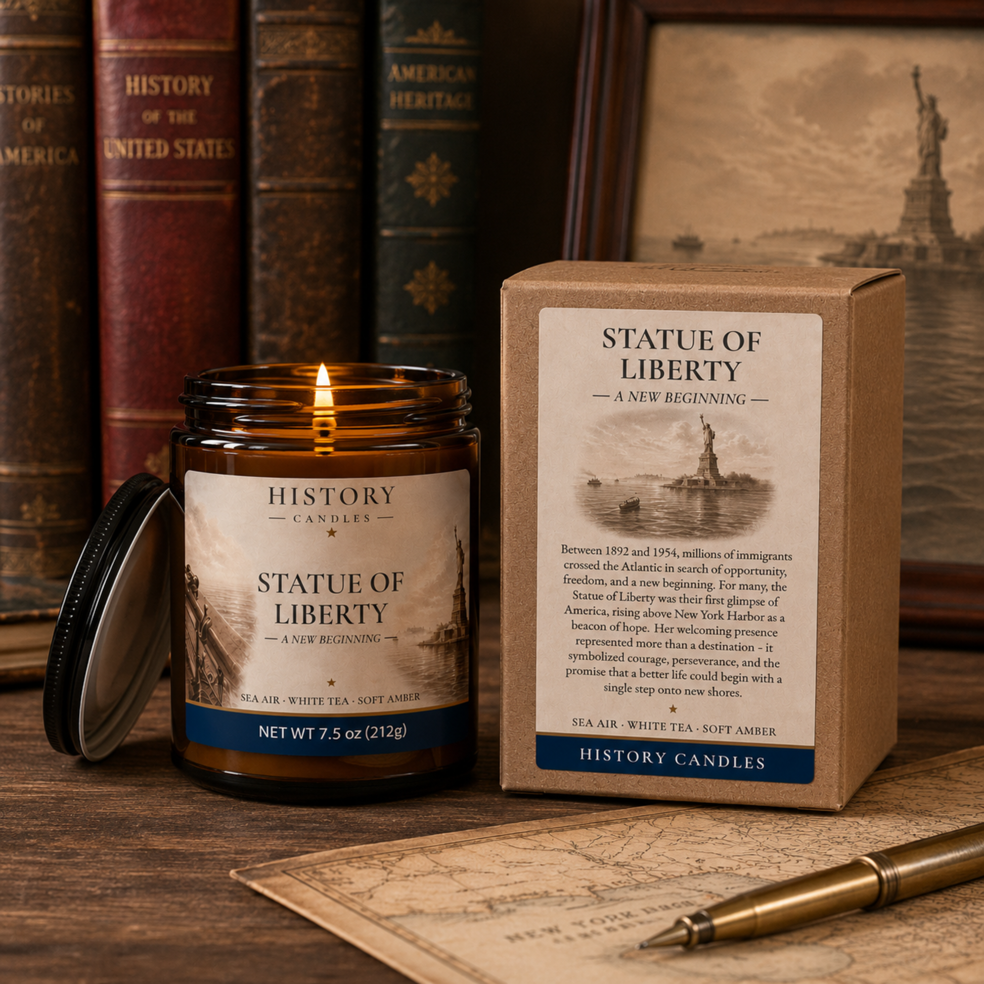 Lit Statue of Liberty candle styled in an elegant historical setting inspired by New York Harbor and America's immigration story.