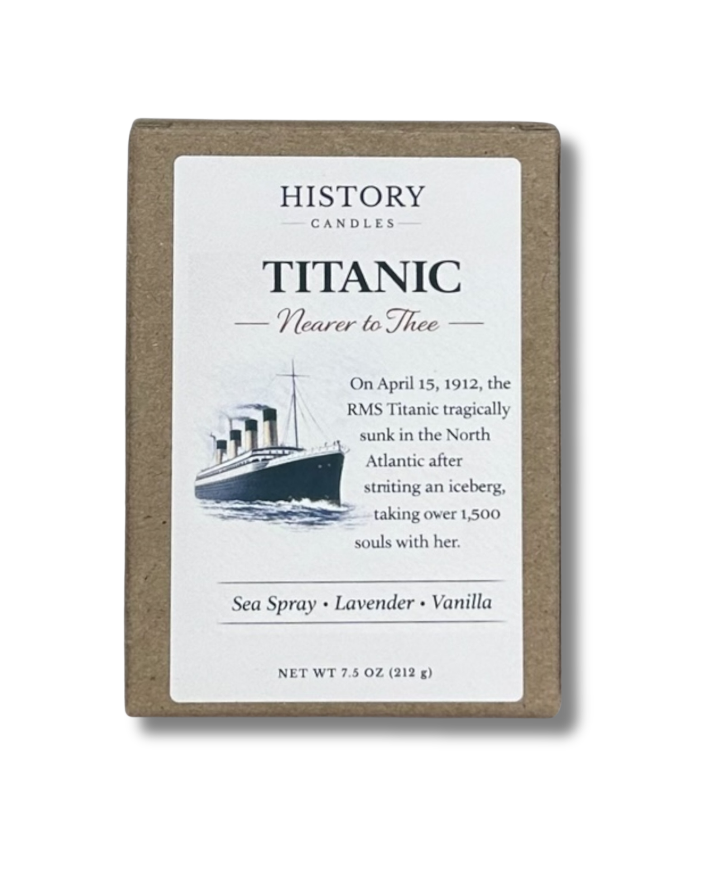 Titanic soy candle with branded History Candles gift box