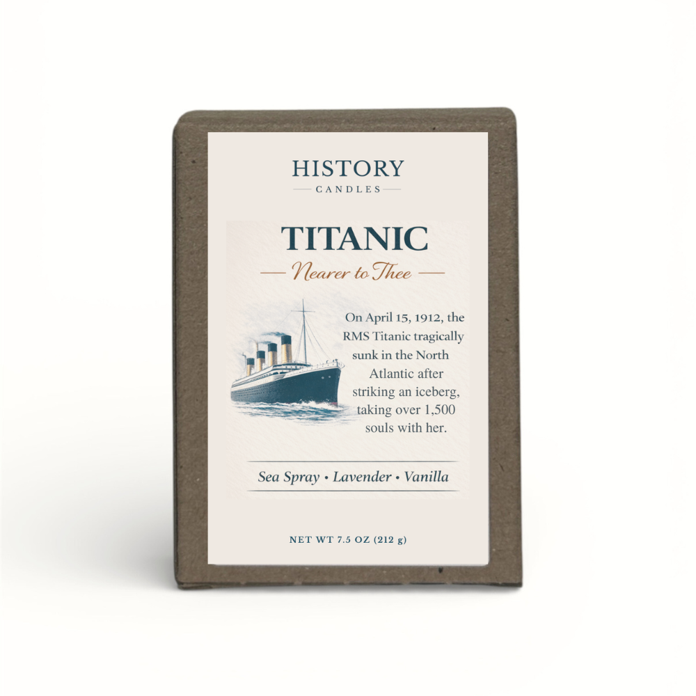 Titanic soy candle with branded History Candles gift box
