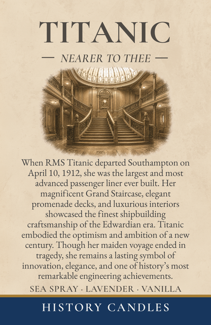 Titanic candle historical story panel describing the ship's maiden voyage, sinking, and enduring legacy.