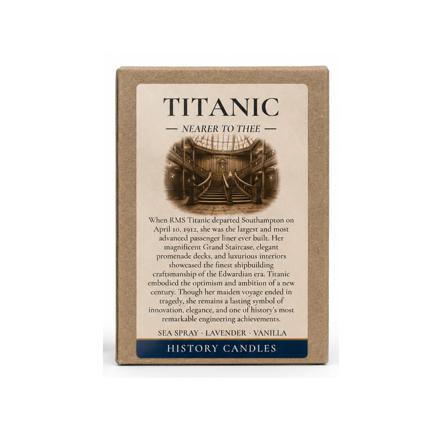 Premium Titanic candle gift box featuring historical artwork inspired by the RMS Titanic  and its 1912 voyage.
