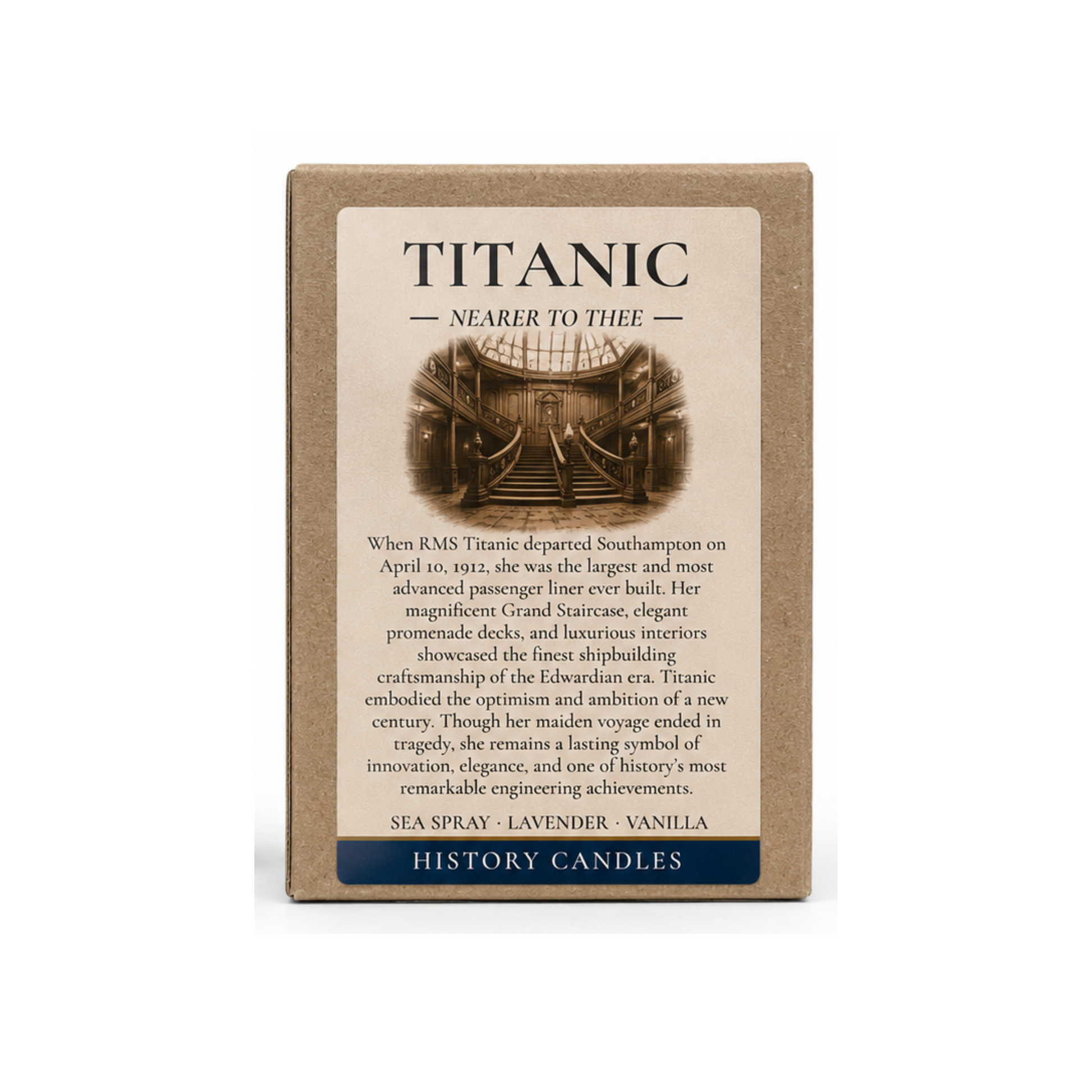 Premium Titanic candle gift box featuring historical artwork inspired by the RMS Titanic  and its 1912 voyage.