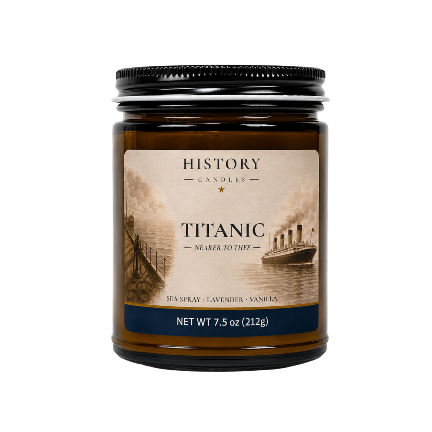 Titanic candle in an amber glass jar with black lid, featuring original historical artwork inspired by the RMS Titanic.