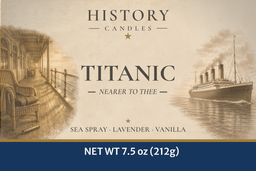 Close-up of the Titanic candle label featuring original ocean-liner artwork and vintage maritime design.