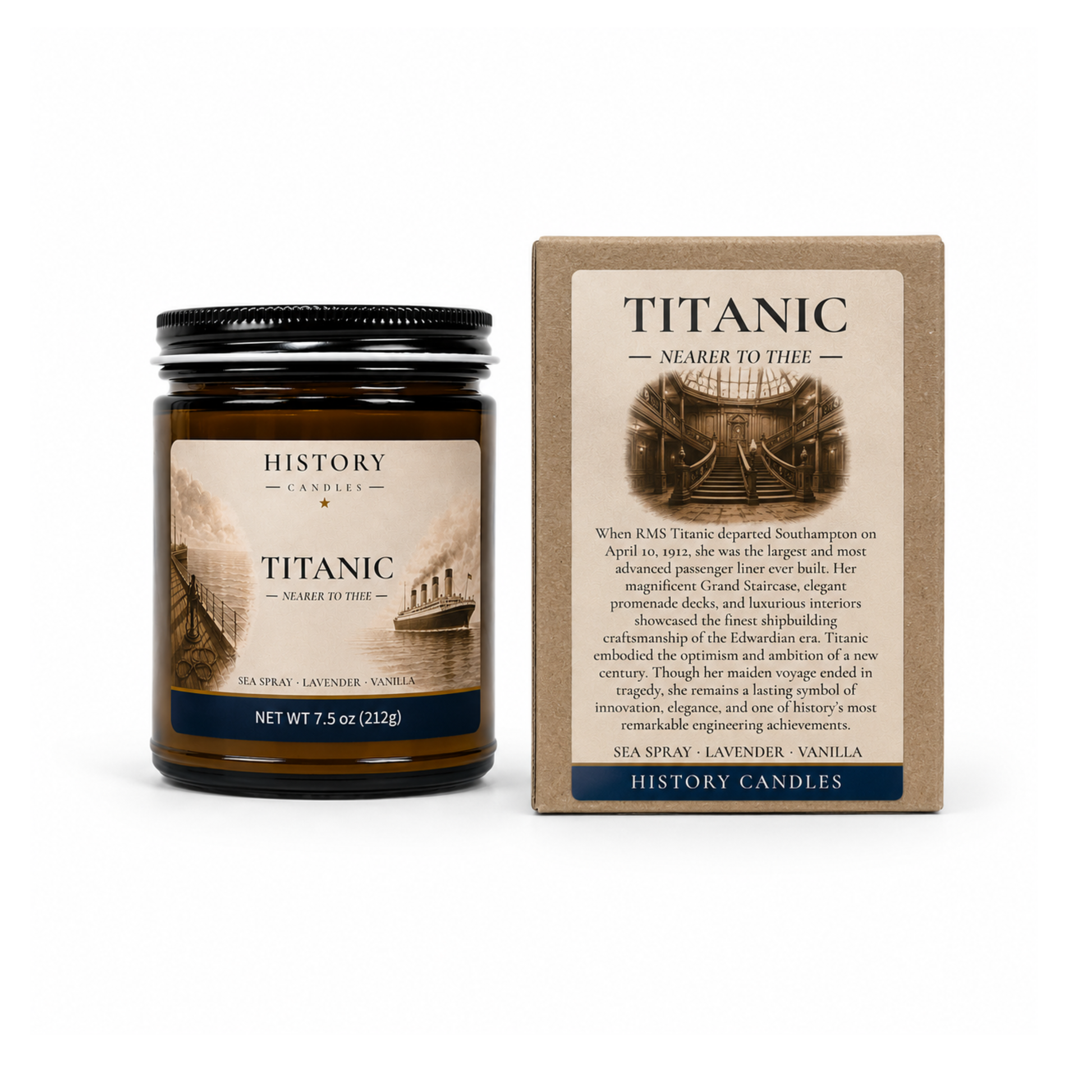 Titanic candle displayed beside its coordinating premium gift box featuring original maritime artwork.