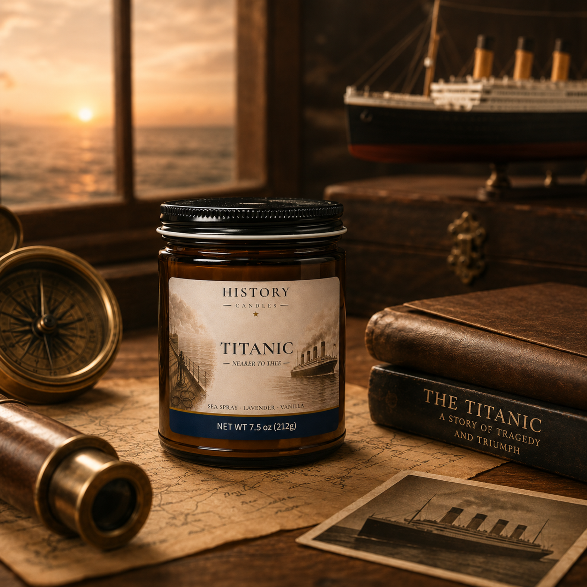 Titanic candle displayed in an elegant historical setting inspired by the luxury and atmosphere of the famous ocean liner.