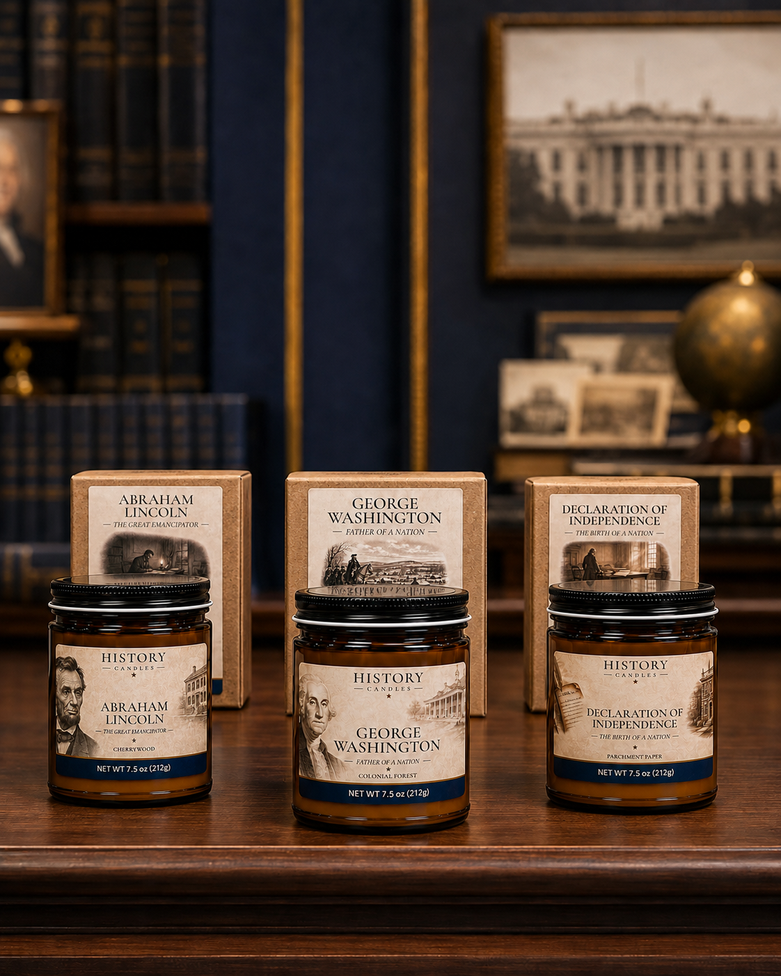 Three amber glass jars with black lids and cream labels are displayed on a wooden table, each paired with its matching kraft paper box. The labels feature historical illustrations and text including 'Abraham Lincoln', 'George Washington', and 'Declaration of Independence'.