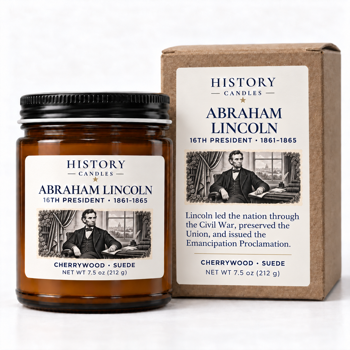 Abraham Lincoln candle beside its matching kraft gift box, both featuring Lincoln at his presidential desk.