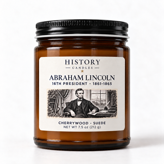 Abraham Lincoln Cherrywood and Suede candle in an amber jar, with artwork of Lincoln seated at his desk.