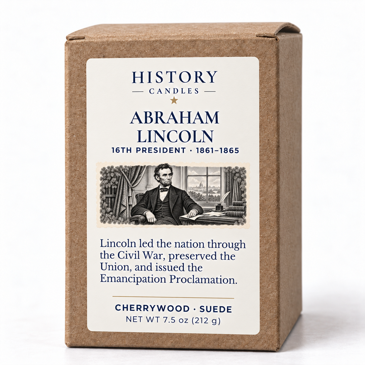 Abraham Lincoln kraft candle box with his portrait, a short Civil War presidency narrative, and Cherrywood and Suede scent notes.