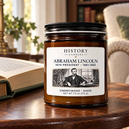 Abraham Lincoln candle on a wooden table beside an open book and reading chair in warm window light.