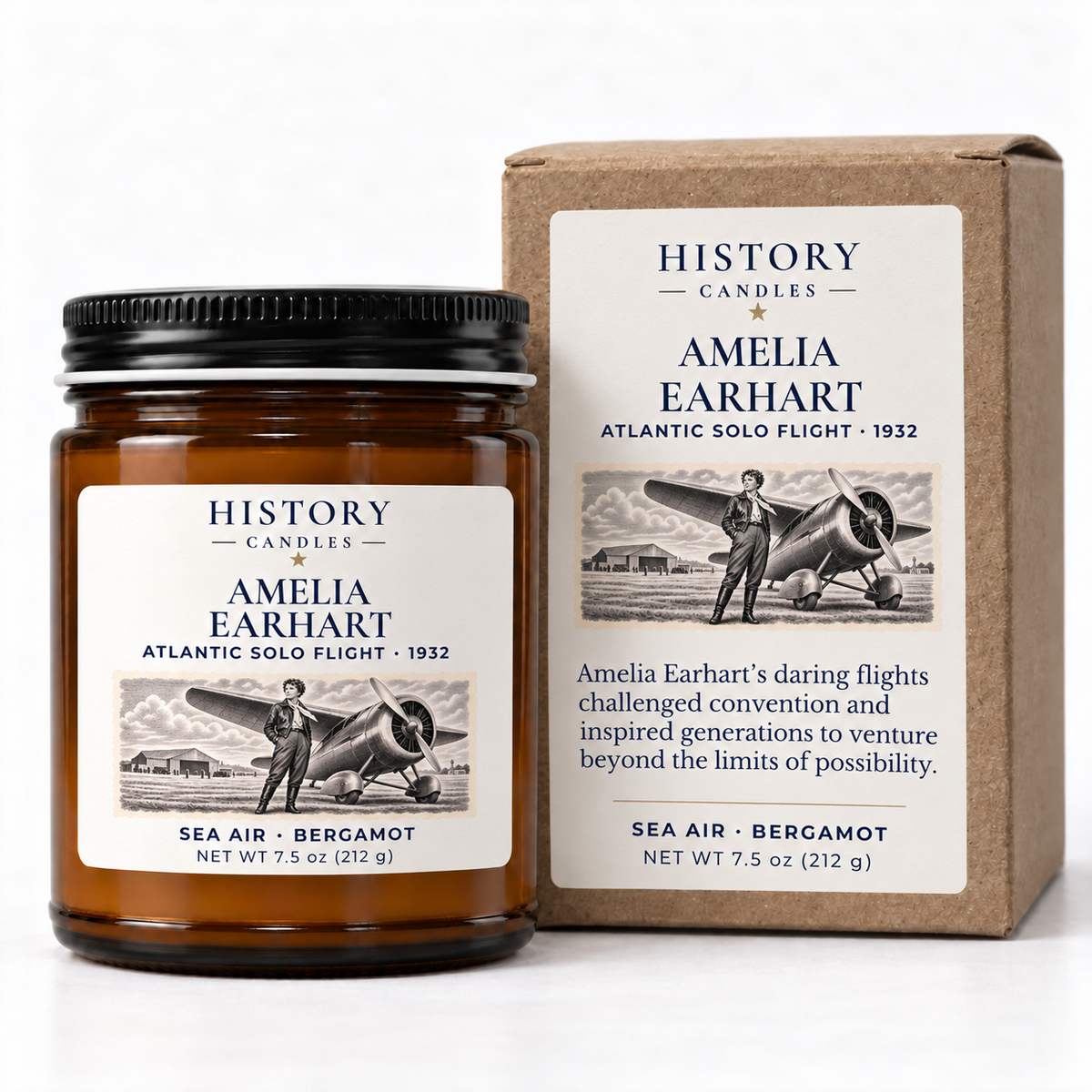 Amelia Earhart candle beside its matching kraft gift box with historical aviation artwork.