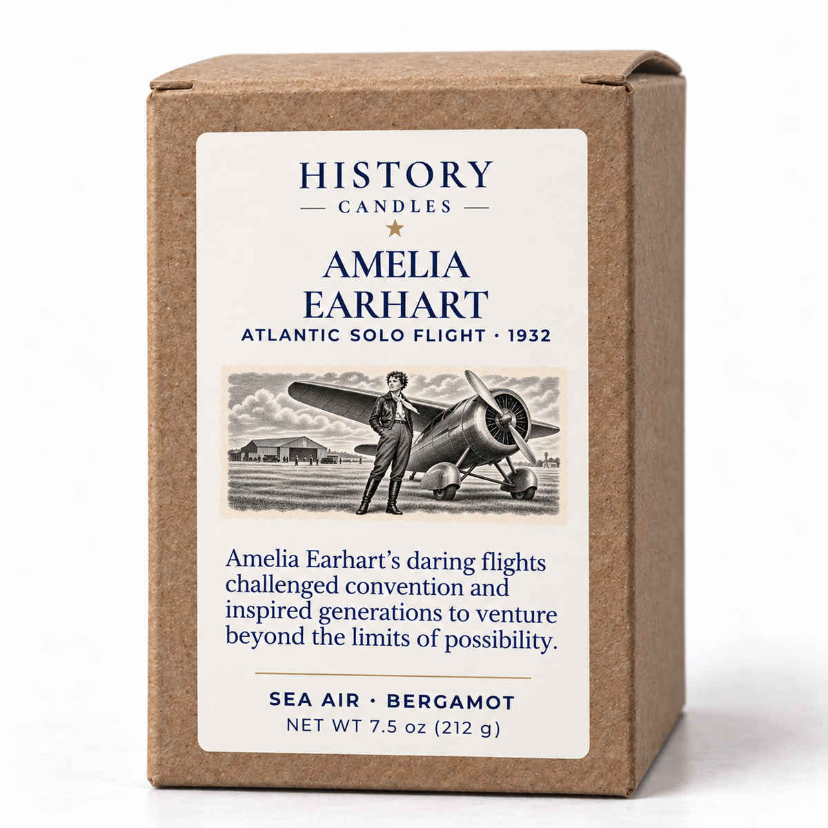 Amelia Earhart kraft gift box showing the historical narrative and Sea Air · Bergamot scent.