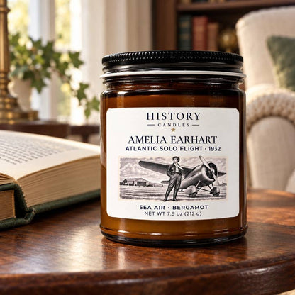 Amelia Earhart Sea Air · Bergamot candle on a wooden table beside an open book in a sunlit reading room.