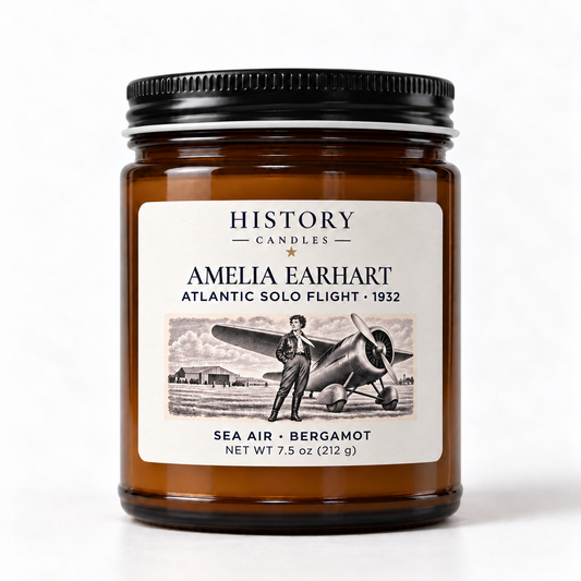 Amelia Earhart Sea Air · Bergamot candle in an amber glass jar with a black lid and artwork commemorating her 1932 Atlantic solo flight.