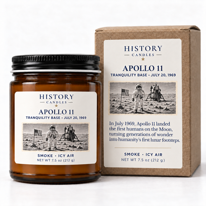 Apollo 11 candle beside its matching kraft gift box with Moon landing artwork.