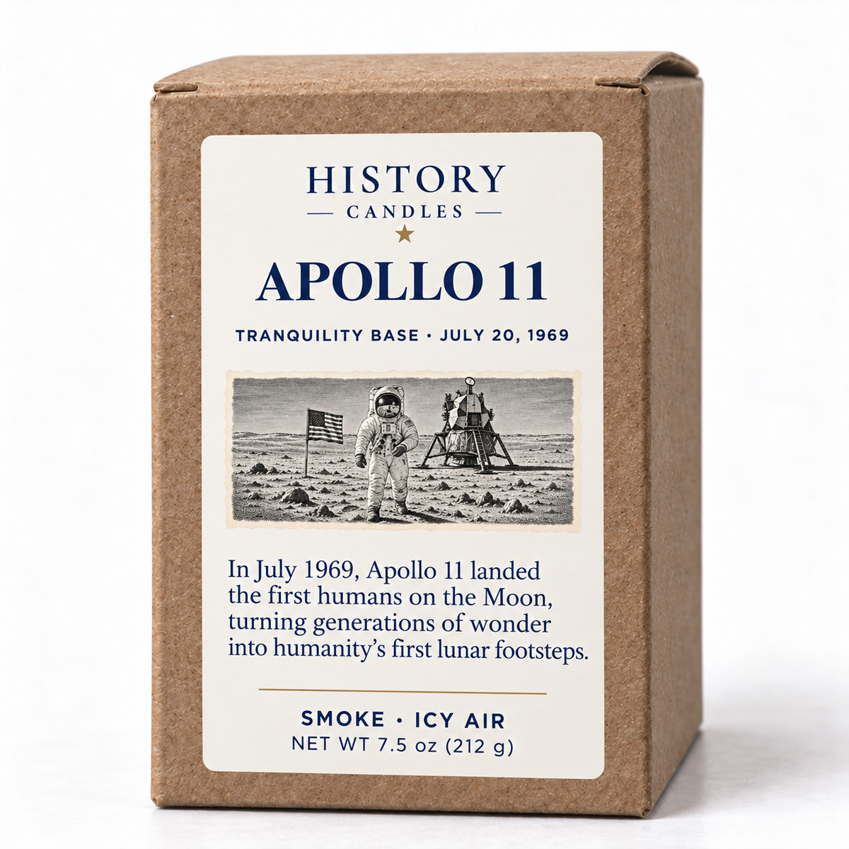 Apollo 11 kraft gift box showing the Moon landing narrative and Smoke · Icy Air scent.