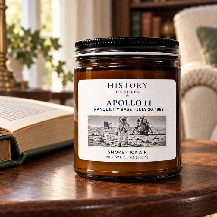 Apollo 11 Smoke · Icy Air candle on a wooden table beside an open book in a sunlit reading room.