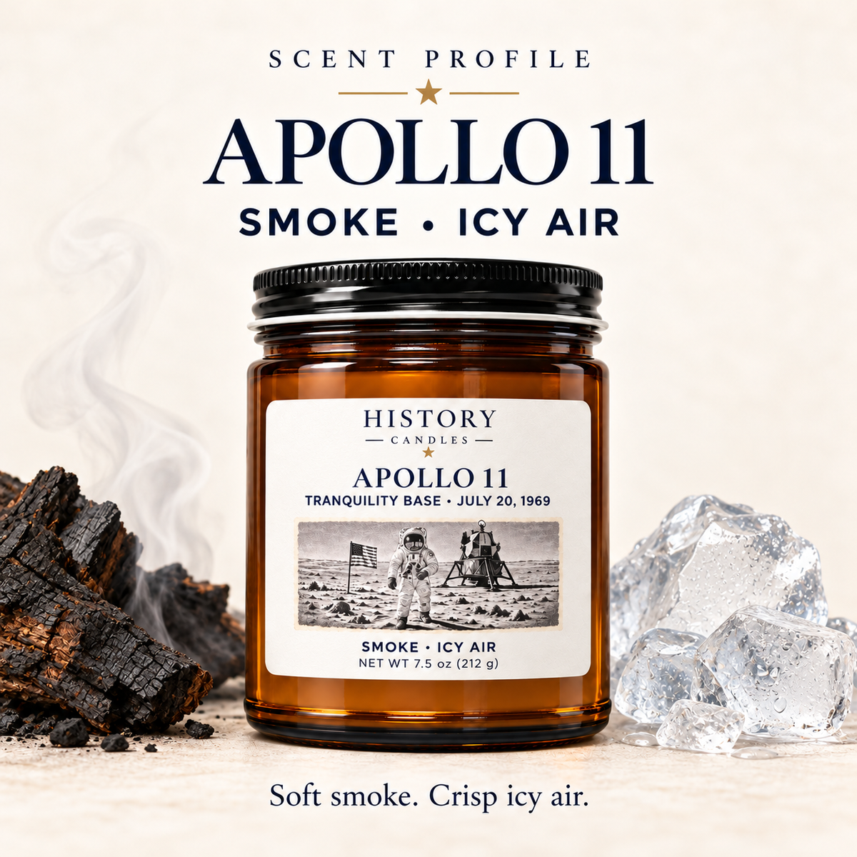 Apollo 11 scent profile: soft smoke and crisp icy air, illustrated with smoky wood and ice beside the candle.