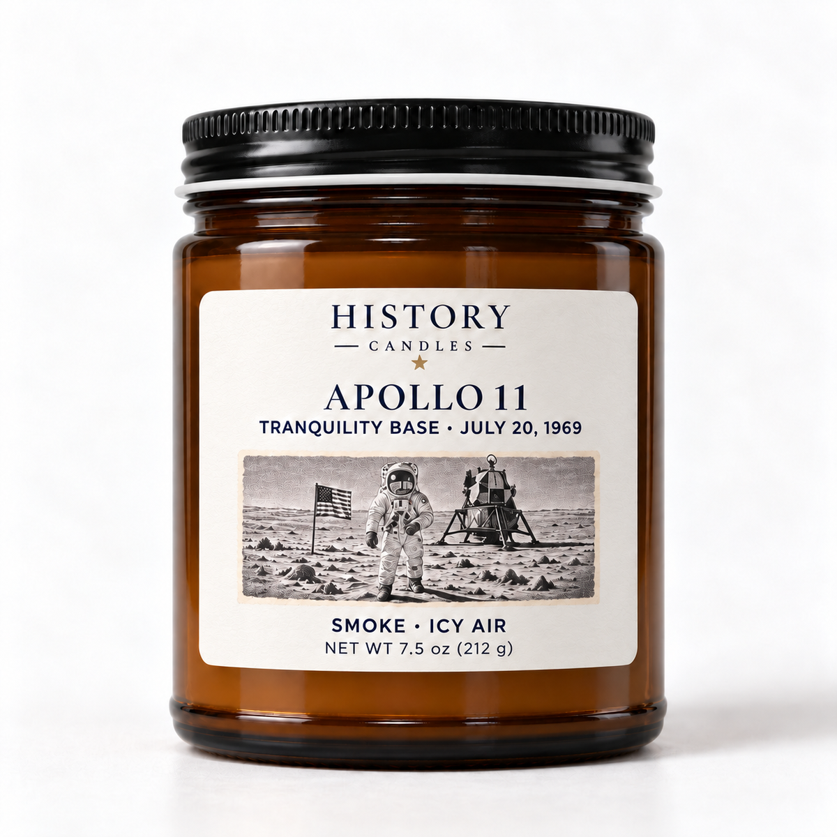 Apollo 11 Smoke · Icy Air candle in an amber glass jar with a black lid and Tranquility Base artwork dated July 20, 1969.