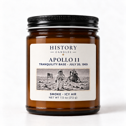 Apollo 11 Smoke · Icy Air candle in an amber glass jar with a black lid and Tranquility Base artwork dated July 20, 1969.