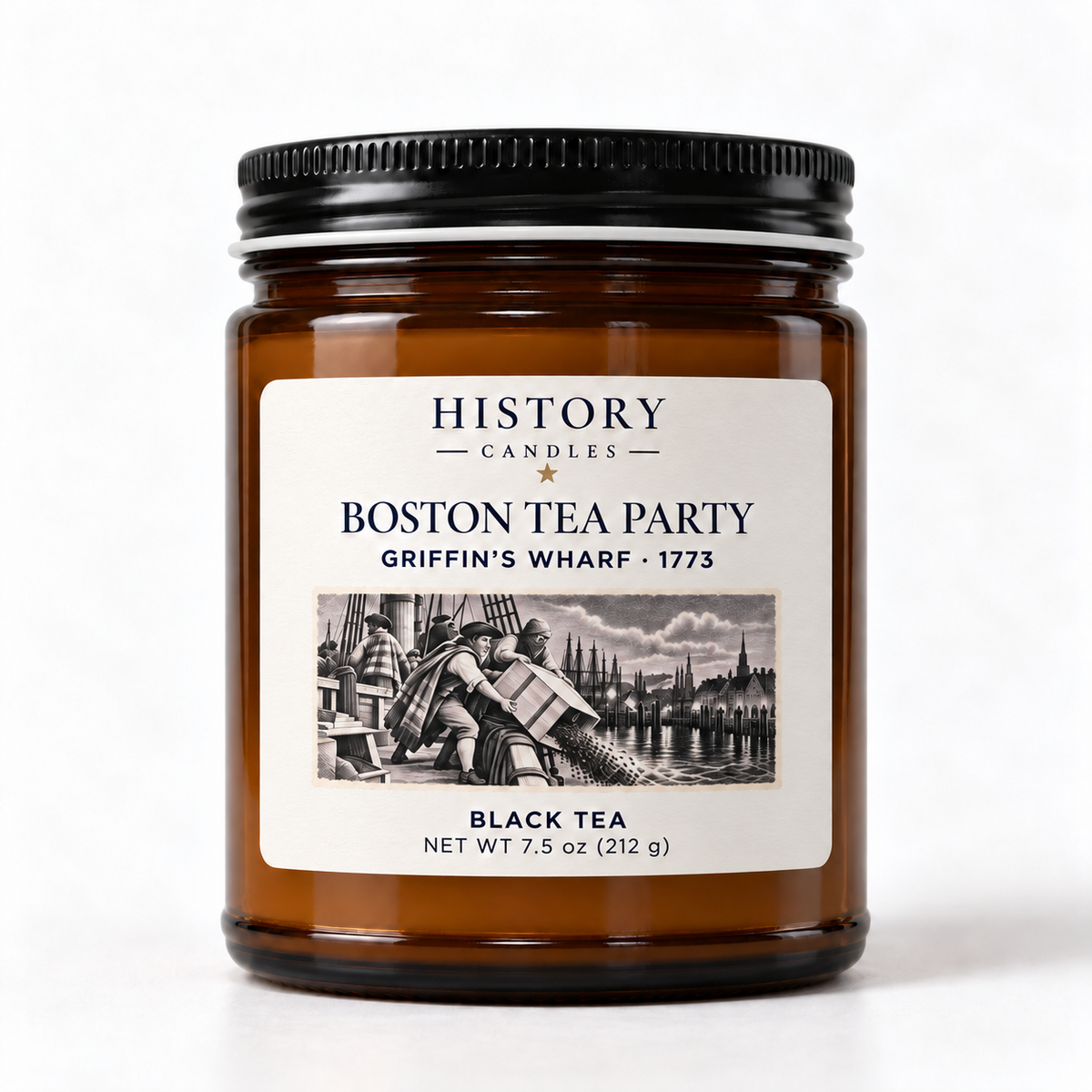Boston Tea Party Black Tea candle in an amber glass jar with a black lid and white lid band.