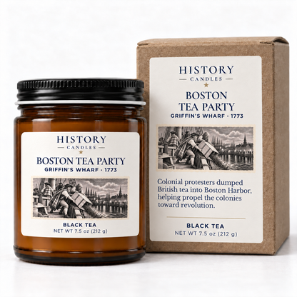 Boston Tea Party candle beside its kraft gift box, both featuring artwork of the 1773 protest at Griffin’s Wharf.