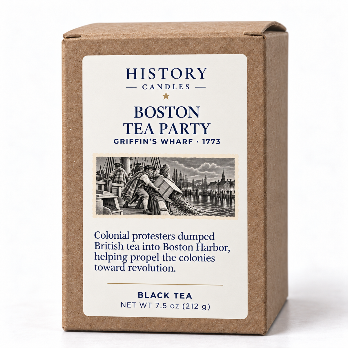 Boston Tea Party kraft candle box with historical harbor artwork, a short narrative, and the Black Tea scent label.