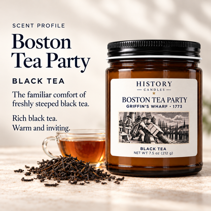 Boston Tea Party scent profile: rich black tea, warm and inviting, with loose tea and a cup beside the candle.