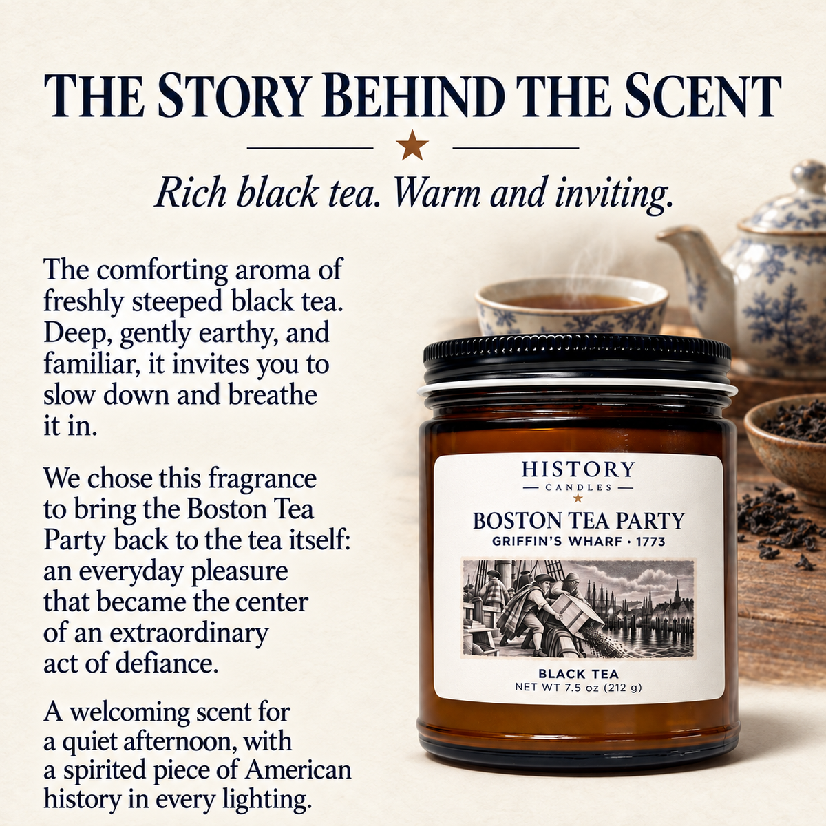 Story behind the Boston Tea Party scent: the comforting aroma of freshly steeped black tea and its connection to the 1773 protest.