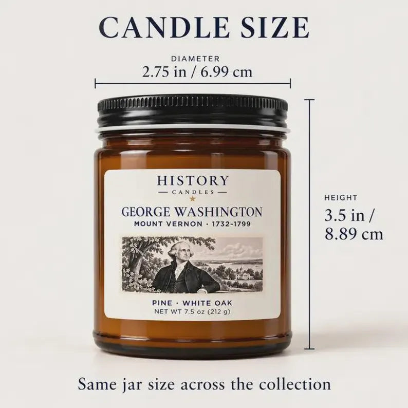 History Candles jar size guide showing the 7.5 oz amber jar.