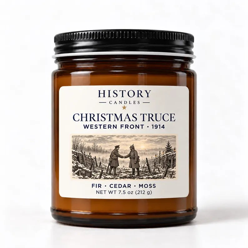 Christmas Truce History Candle in amber jar with Western Front 1914 engraving and Fir Cedar Moss scent.