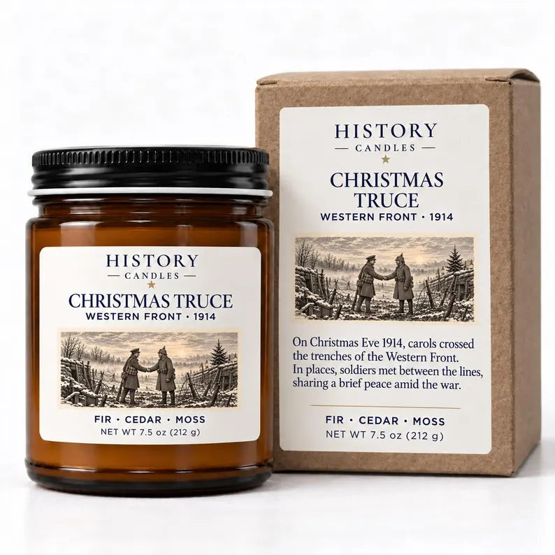 Christmas Truce candle and matching kraft gift box with World War I artwork.