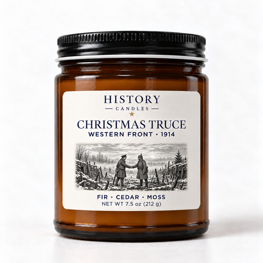 Christmas Truce candle in an amber jar with a black-and-white engraving of British and German soldiers meeting on the Western Front in 1914.