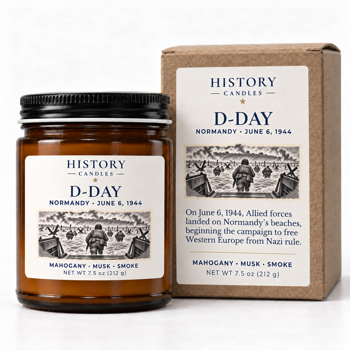 D-Day candle beside its matching kraft gift box with Normandy artwork and the date June 6, 1944.