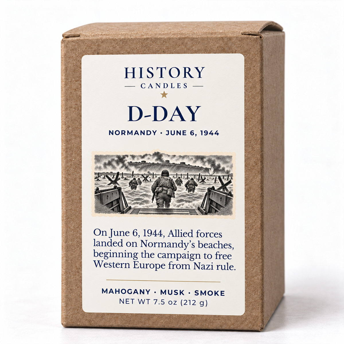 D-Day kraft gift box showing the Normandy historical narrative and Mahogany · Musk · Smoke scent.