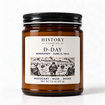 D-Day Mahogany · Musk · Smoke candle in an amber glass jar with a black lid and Normandy landings artwork.