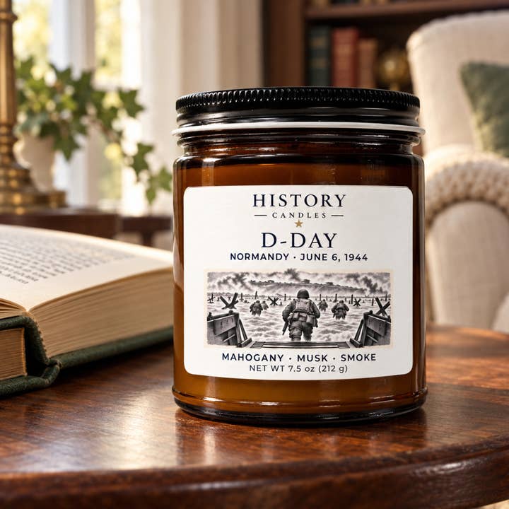 D-Day Mahogany · Musk · Smoke candle on a wooden table beside an open book in a sunlit reading room.