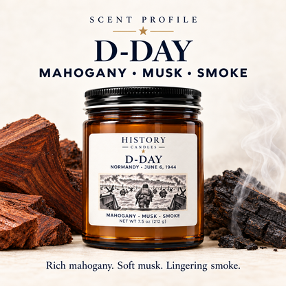 D-Day scent profile: rich mahogany, soft musk, and lingering smoke, illustrated with wood and embers beside the candle.