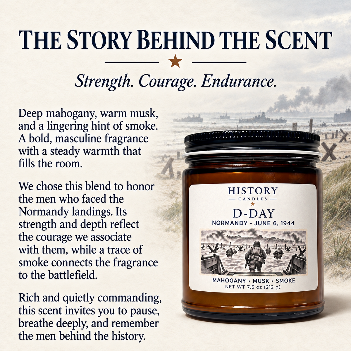 The story behind D-Day's scent: mahogany, warm musk, and a hint of smoke chosen to honor strength, courage, and endurance.