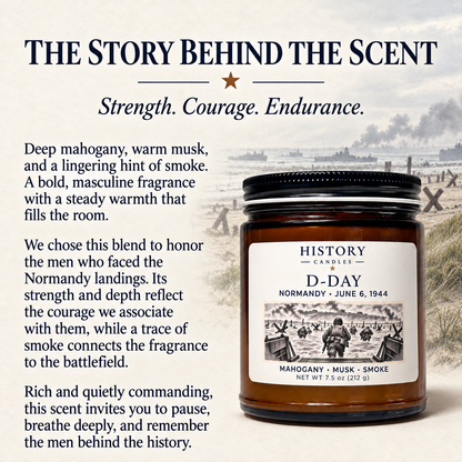 The story behind D-Day's scent: mahogany, warm musk, and a hint of smoke chosen to honor strength, courage, and endurance.