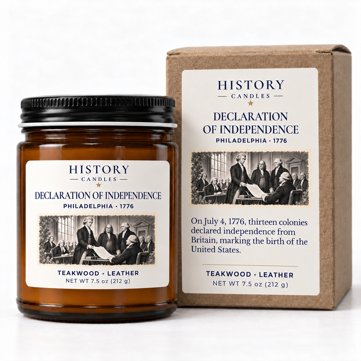 Declaration of Independence candle beside its matching kraft gift box, featuring the 1776 historical artwork.