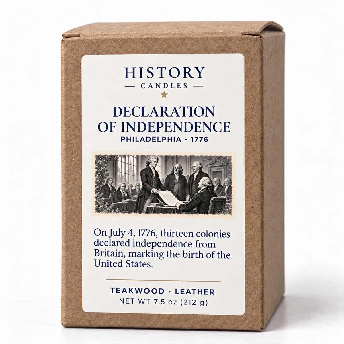 Declaration of Independence kraft candle box with historical artwork, a short narrative, and Teakwood and Leather scent notes.