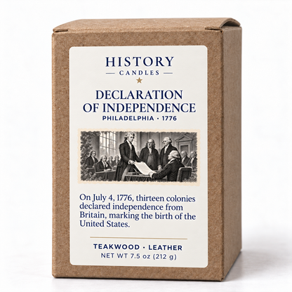 Declaration of Independence kraft candle box with historical artwork, a short narrative, and Teakwood and Leather scent notes.