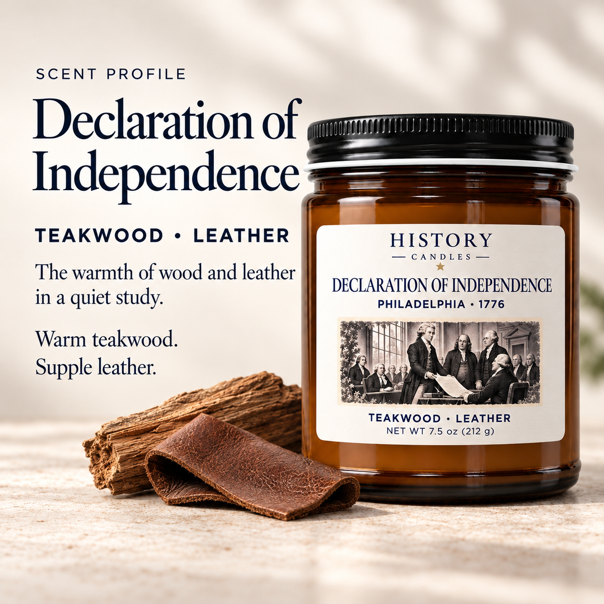 Declaration of Independence scent profile: warm teakwood and supple leather, shown beside the candle.